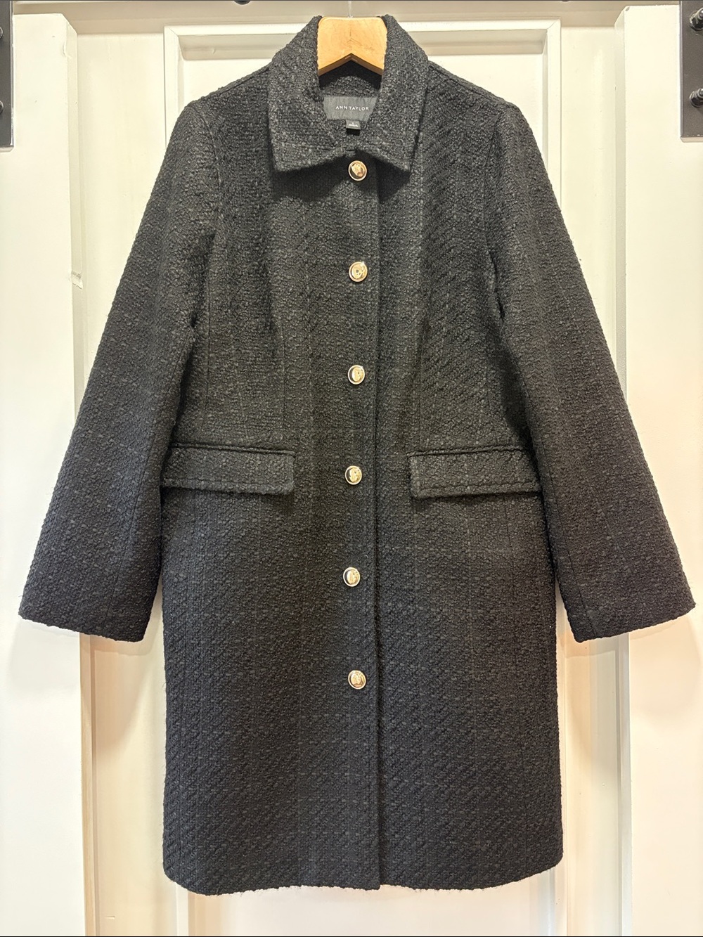 Ann Taylor Black Textured Wool-Blend Pea Coat Size Medium